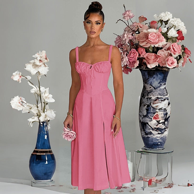 Women's dress - european & american amazon spring/summer fashion casual tie-waist slim-fit slit cami high-end dress