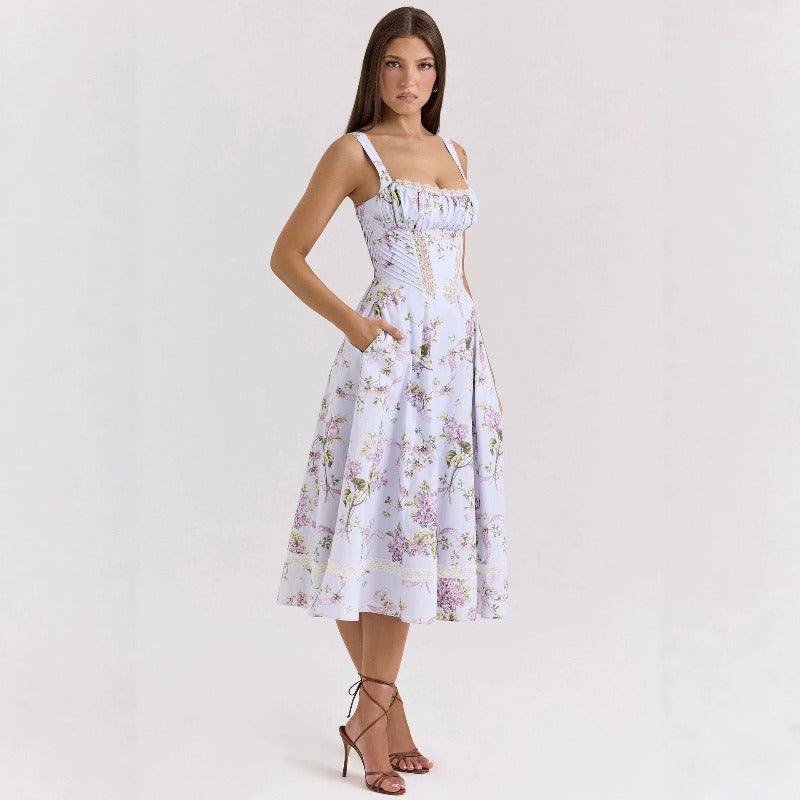 Women's dress: amazon cross-border fashion, european & american style, elegant, gentle, slimming, floral print, spaghetti strap, fairy-like dress for women