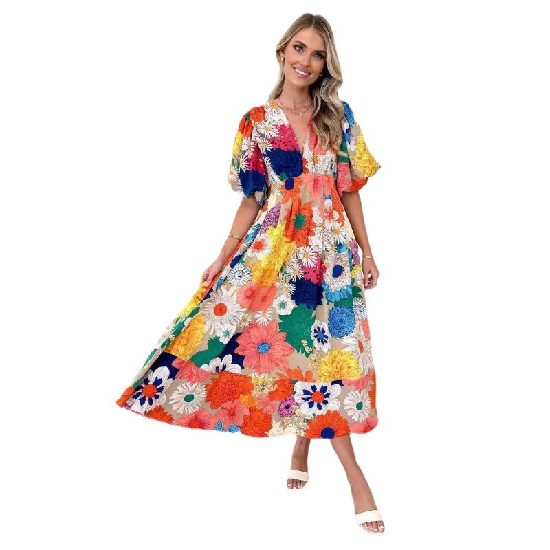 Women's dress - amazon cross-border fashion - european & american style - summer floral print - bubble sleeve a-line maxi dress - elegant dress