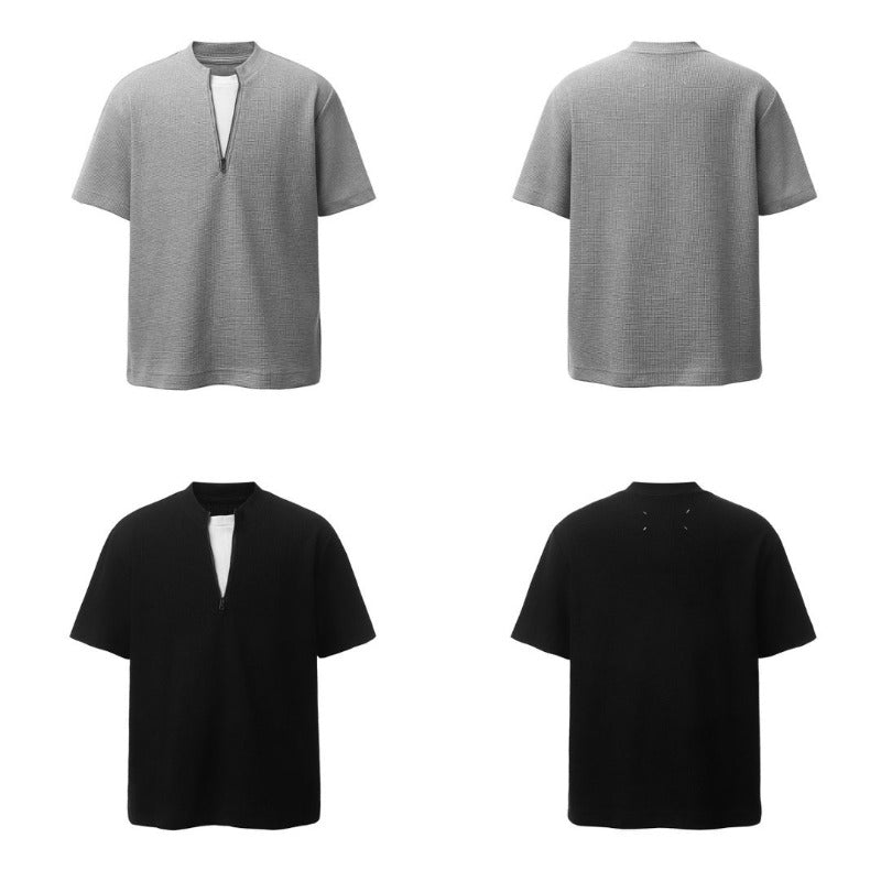 Men's t-shirts: american retro heavyweight waffle knit faux two-piece deconstructed design, high street oversized short sleeve tee