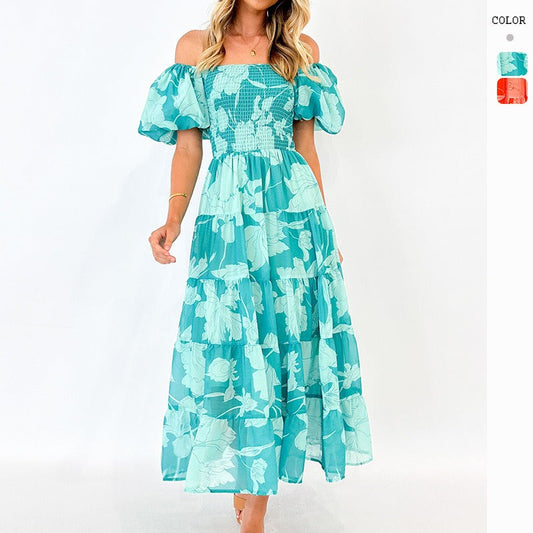 Women's summer dress - cross-border e-commerce, european & american style - amazon-ready off-the-shoulder chiffon dress with bubble sleeves and tiered print