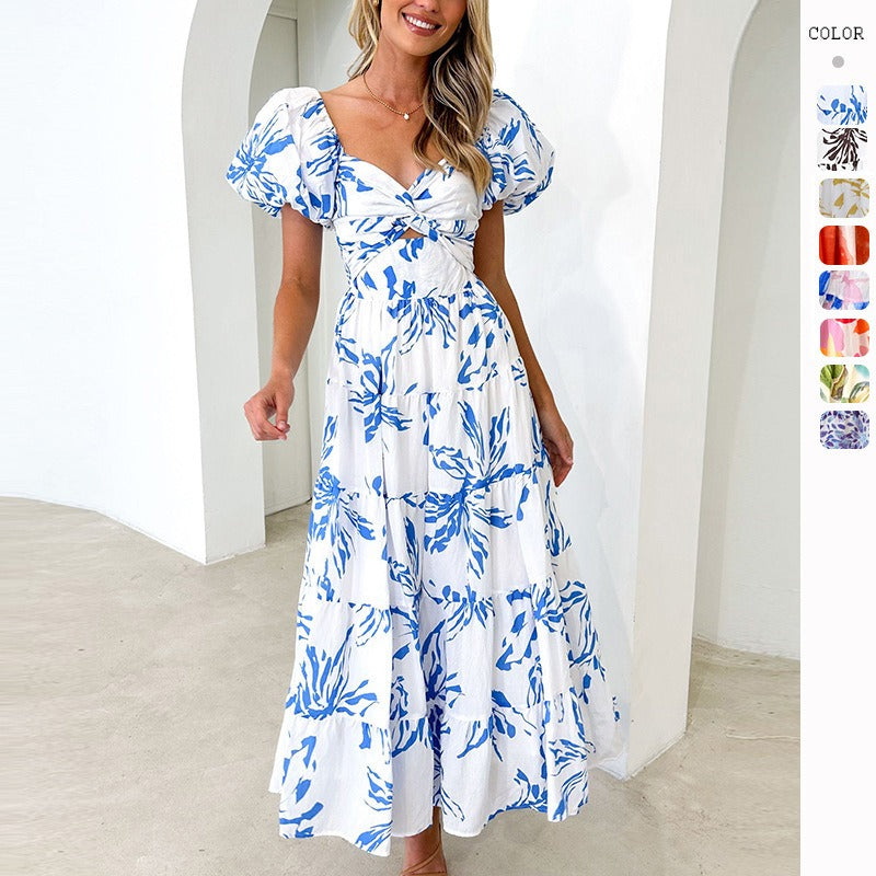 Women's dress - cross-border fashion, spring/summer, amazon style, elegant, slim-fit, printed, puff sleeve, high-end maxi dress for women