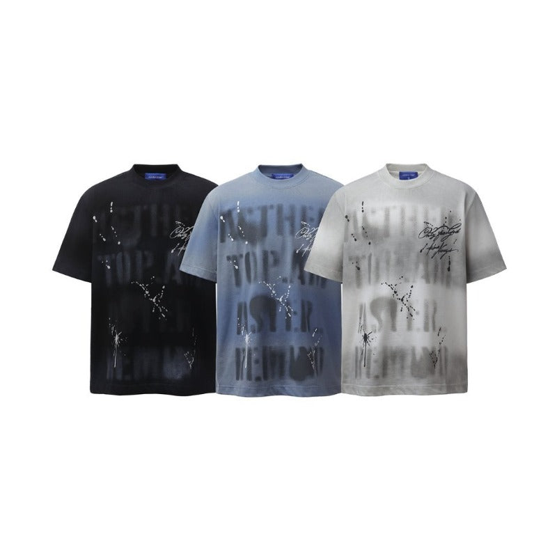 Men's t-shirts: american retro heavyweight double yarn high-quality spray-painted letter print design, men's loose fit short sleeve t-shirt