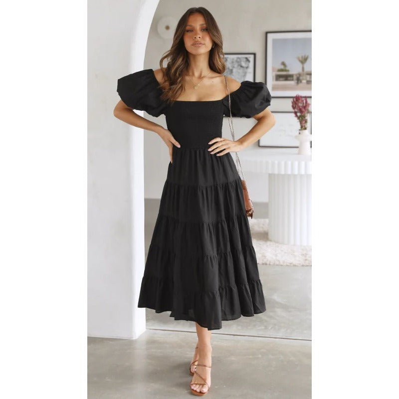 Women's summer dress: european and american style, puff sleeve, slimming maxi dress, hot girl high-waisted off-the-shoulder printed dress