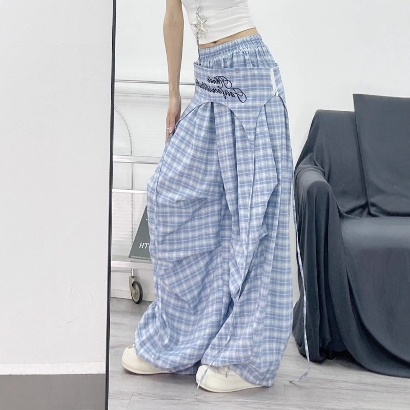 Womens casual pants women's summer loose vintage blue plaid pants