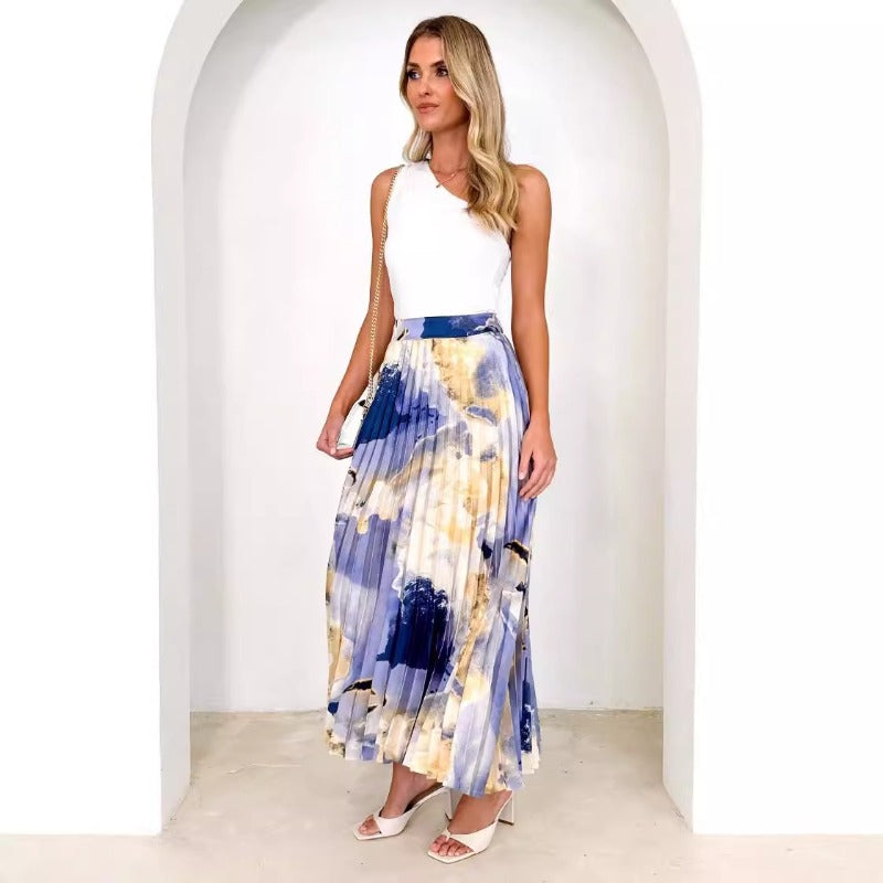 Women's dress - amazon spring/summer high-end oil painting print pleated midi skirt - european and american style drape a-line pleated skirt for women
