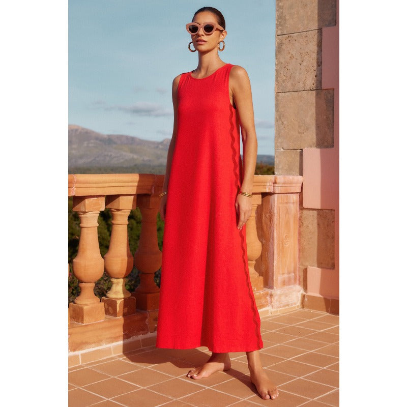Women's sleeveless midi dress - spring/summer casual fashion: round neck, solid color, lace trim, and slit detail