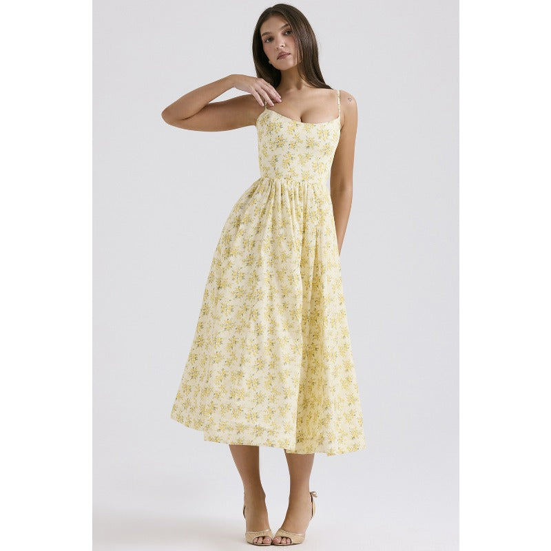 Women's dress - cross-border fashion: sweet & spicy floral midi dress with open back and spaghetti straps - perfect for summer in europe and the us