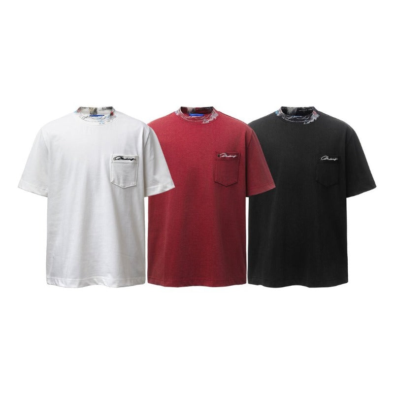 Men's t-shirts: american retro heavyweight double yarn high-quality deconstructed embroidery design, distressed loose fit short sleeve tee