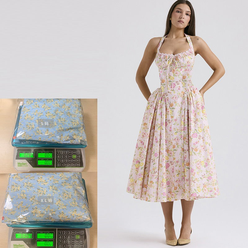 Women's summer slim-fit camisole maxi dress - european & american style fashion print halter neck lace trim dress