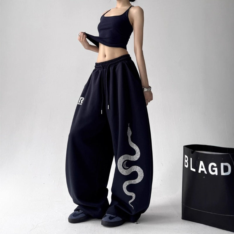 Womens casual pants retro big snake print womens summer loose