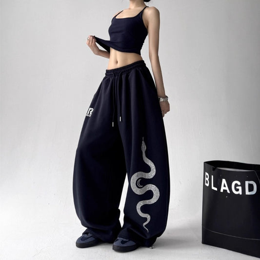 Womens casual pants retro big snake print womens summer loose