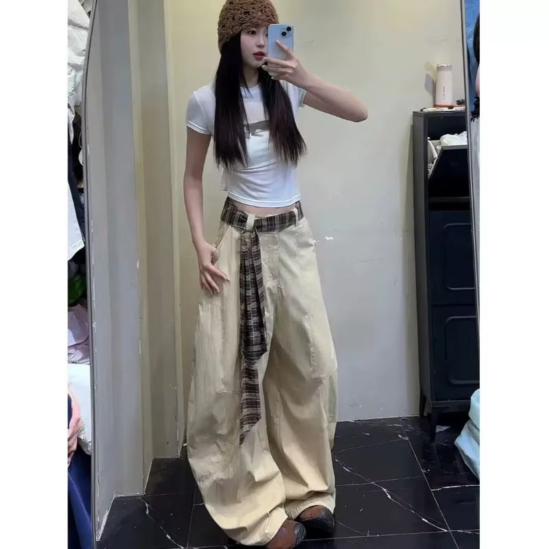 Women casual pants summer women's splicing plaid belt wide leg pants