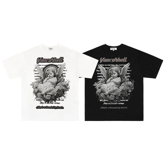 Mens T Shirts Angel Character Print Oversize Short Sleeve