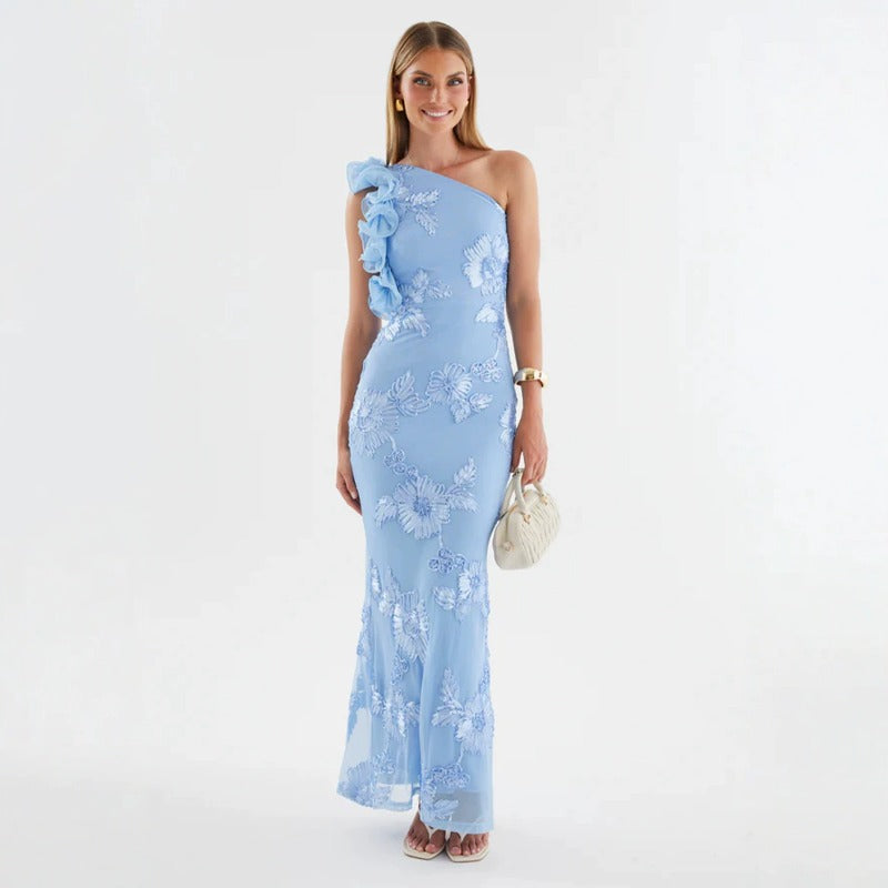 Women's dress - export, asymmetrical neckline, european & american style, amazon new arrival for summer, fashionable spaghetti strap bodycon dress, sexy 3d floral appliqué