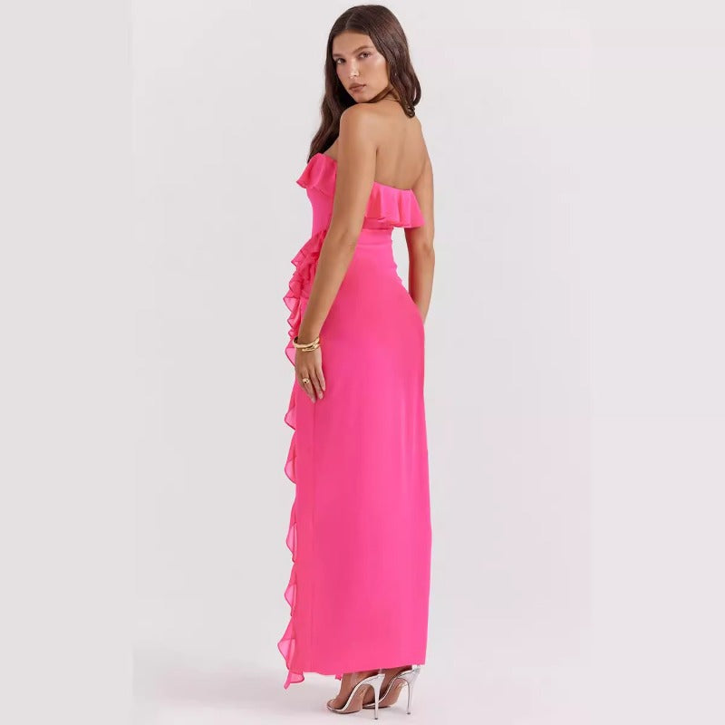 Women's dress - cross-border fashion: european & american summer sexy ruffle bandeau slit sleeveless off-shoulder evening gown dress