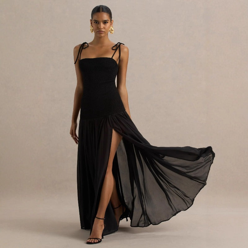 Women's dress: european and american cross-border spring solid color sleeveless spaghetti strap pleated bodycon tulle maxi dress