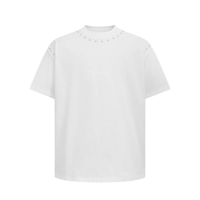 Men's t-shirts: american streetwear summer style - deconstructed solid color premium beaded design short sleeve tee