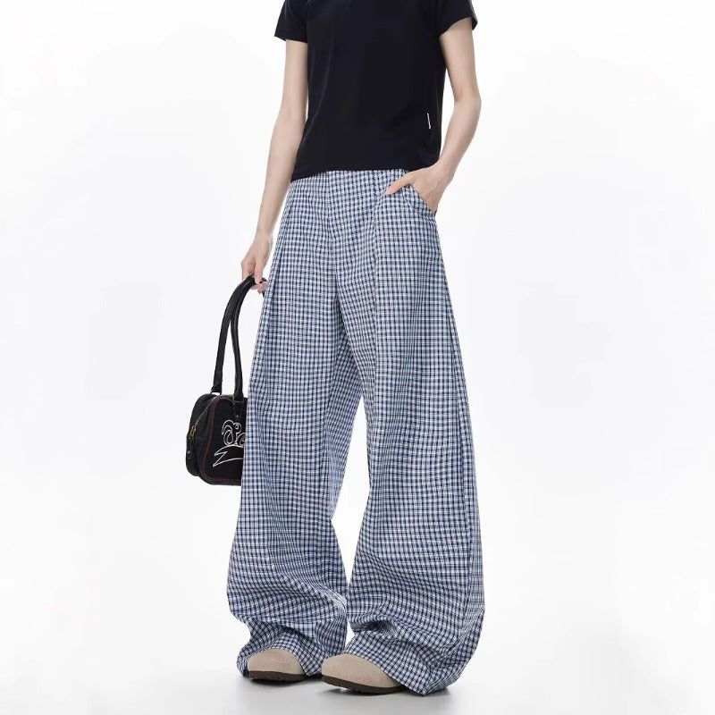 Women casual pants blue plaid summerhigh waist