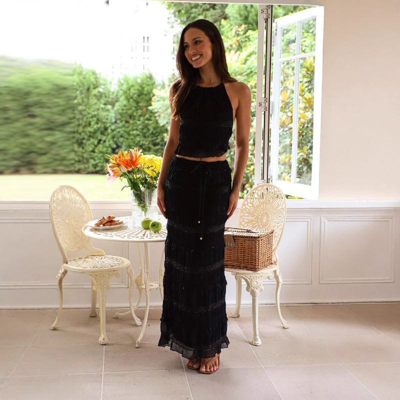 Women's sleeveless chiffon two-piece set: european & american style, spring/summer, elastic waist, loose fit, ins-inspired vacation dress set