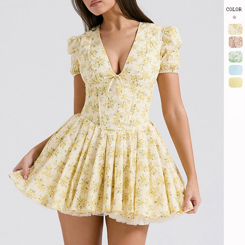 Women's french sweet floral print bubble sleeve dress - summer ballet dopamine outfit - cinched waist spicy girl a-line skirt