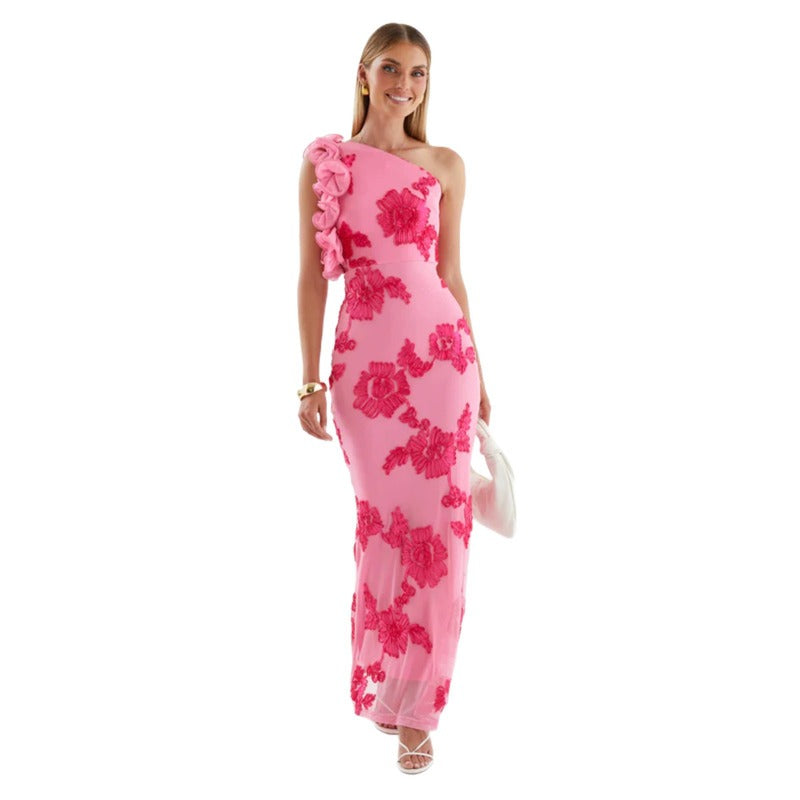 Women's dress - export, asymmetrical neckline, european & american style, amazon new arrival for summer, fashionable spaghetti strap bodycon dress, sexy 3d floral appliqué