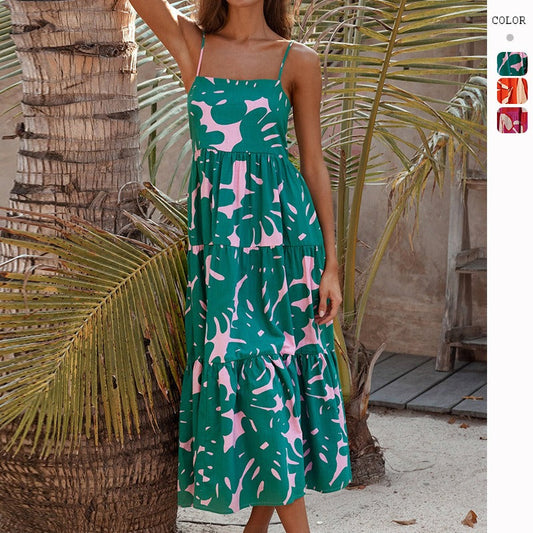 Women's dress - cross-border independent site - european & american summer vacation - spaghetti strap - backless - printed - a-line - long - casual swing dress - women's
