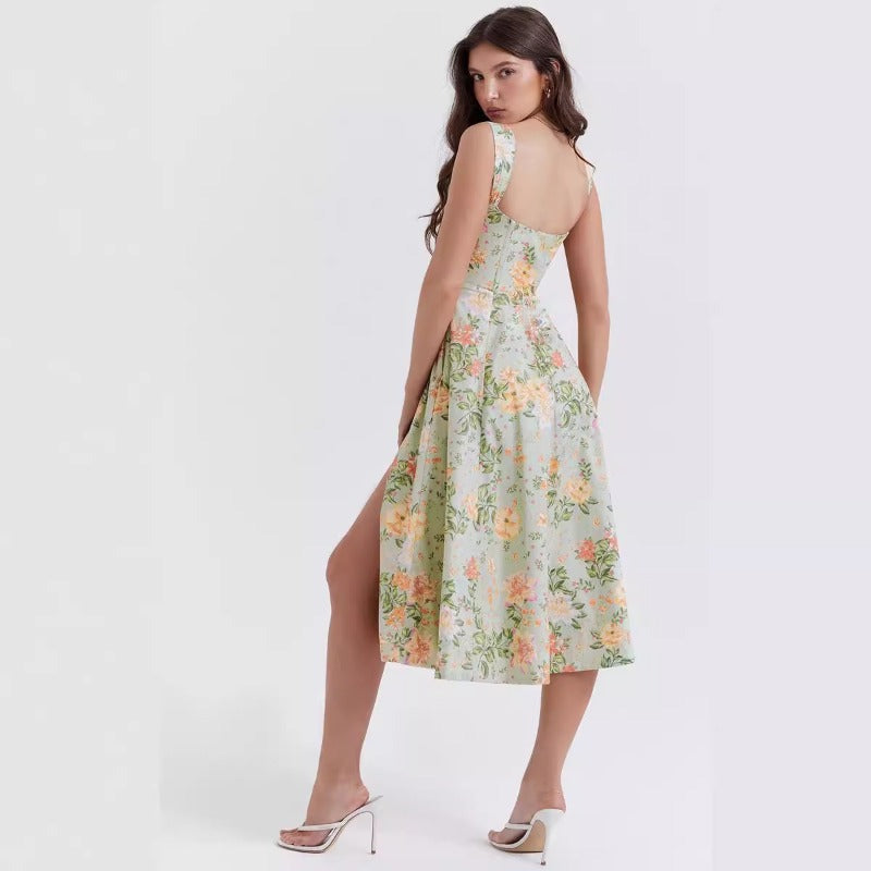 Women's dress - cross-border e-commerce, independent website, foreign trade, spring/summer, european and american style, slimming, spaghetti strap, sexy slit, floral print dress