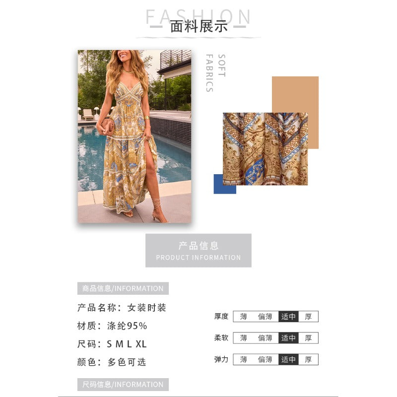 Women's dress - european & american export - sibyl style vintage maxi dress - cinched waist floral print swing dress