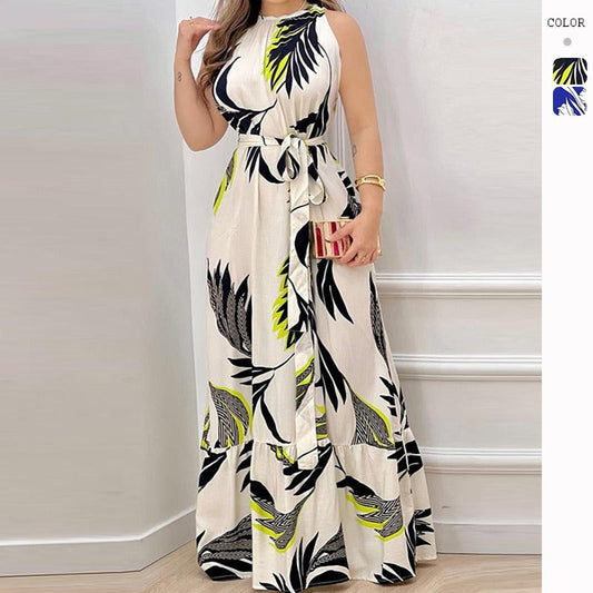 Women's dress - cross-border amazon ebay us/eu summer halter neck tie-up printed ruffle hem dress