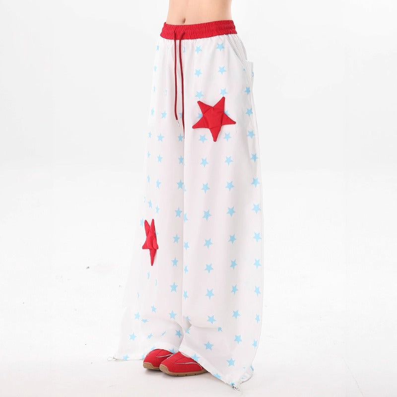 Women casual pants retro wide leg women summer elastic waist