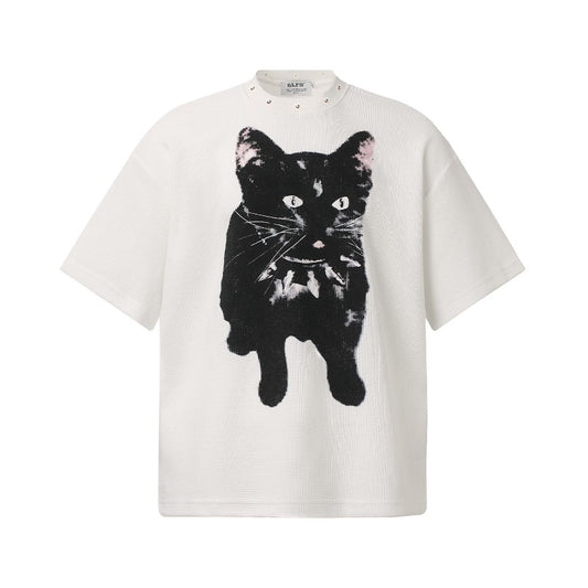 Men t shirts t american retrocouple street trendy waffle grids graffiti cat design high street men's loose small round neck t-shirt