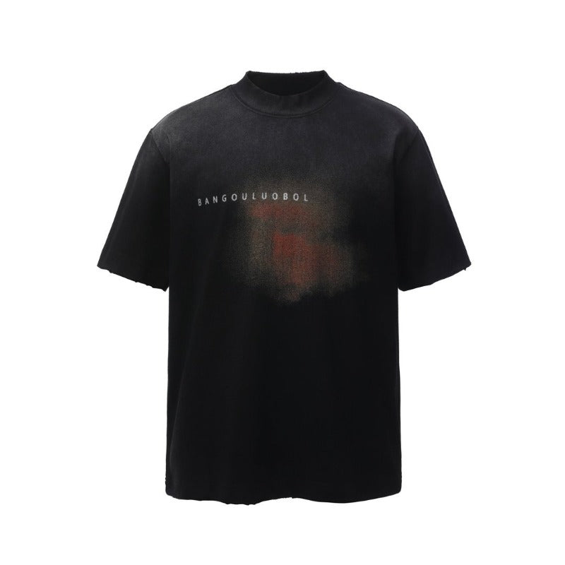 Men's t-shirts: american retro heavyweight double yarn distressed print design, men's high street loose fit short sleeve tee