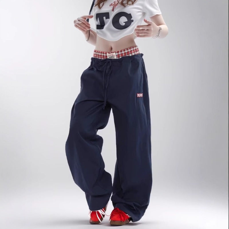 Women casual pant double waistband fake two pieces