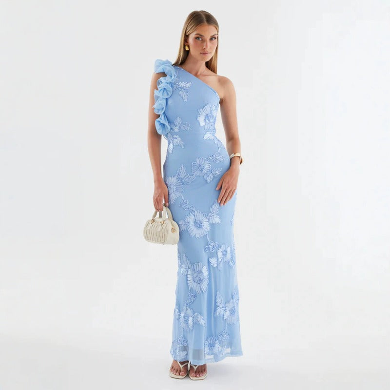Women's dress - export, asymmetrical neckline, european & american style, amazon new arrival for summer, fashionable spaghetti strap bodycon dress, sexy 3d floral appliqué