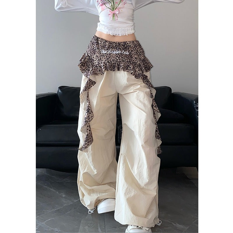 Women casual pants women's summer wide fake two-piece leopard print fart curtain splicing wide-leg pants