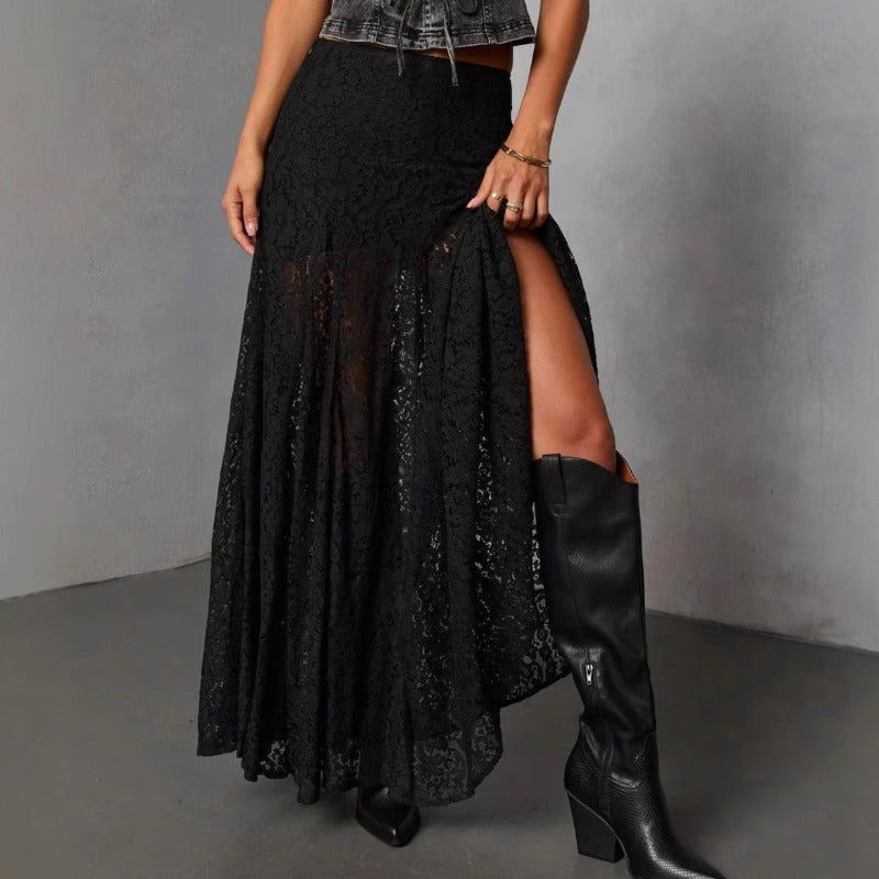 Women's dress: versatile black lace see-through sexy ankle-length skirt - european & american style, summer fashion, mid-waist, work-ready midi skirt for women