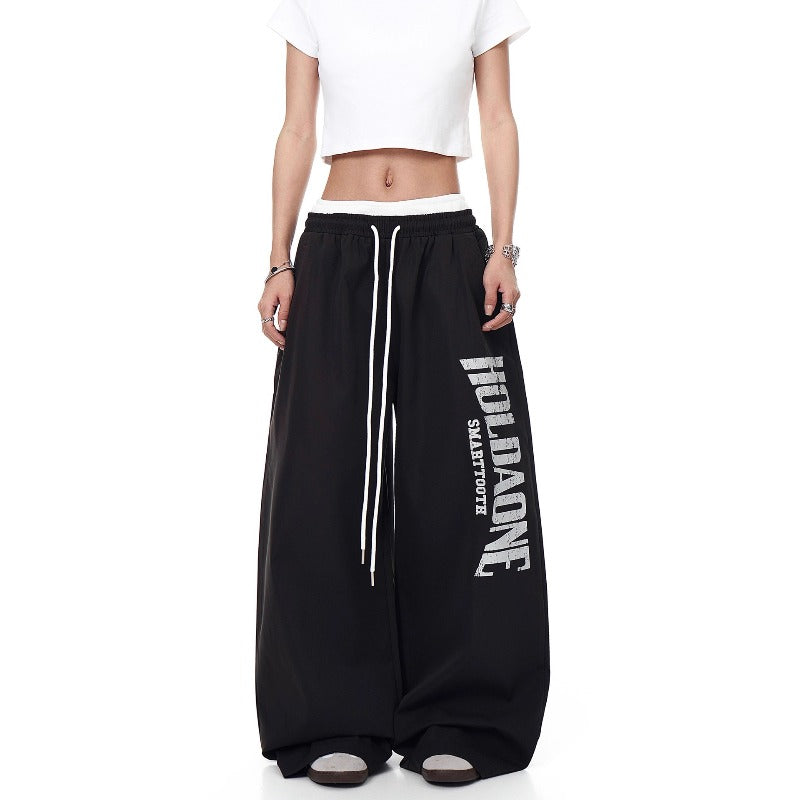 Women casual pants retro double waistband loose