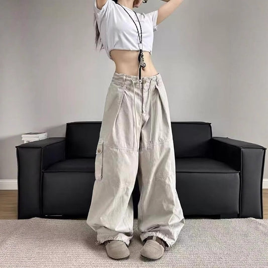 Women casual pant retro drawstring women's loosehigh waist
