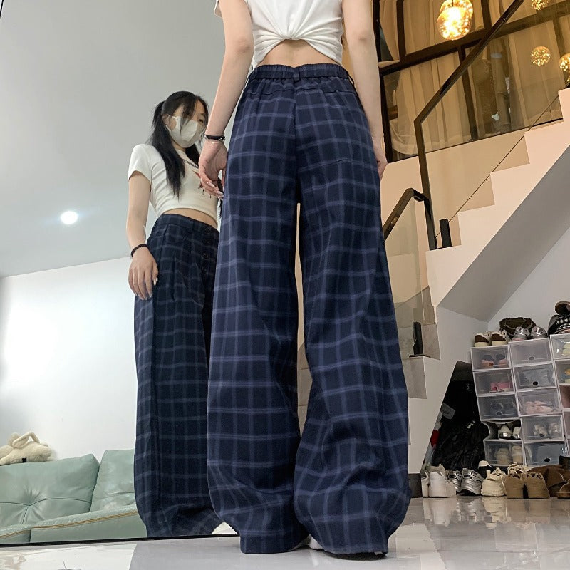 Women casual pant retrosummer breasted grids pattern