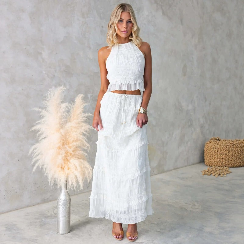 Women's sleeveless chiffon two-piece set: european & american style, spring/summer, elastic waist, loose fit, ins-inspired vacation dress set