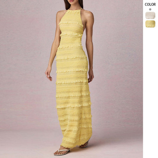 Women's dress - cross-border summer fashion: european & american style, amazon hot seller, sexy ruffle trim, backless halter neck, tie-up maxi dress