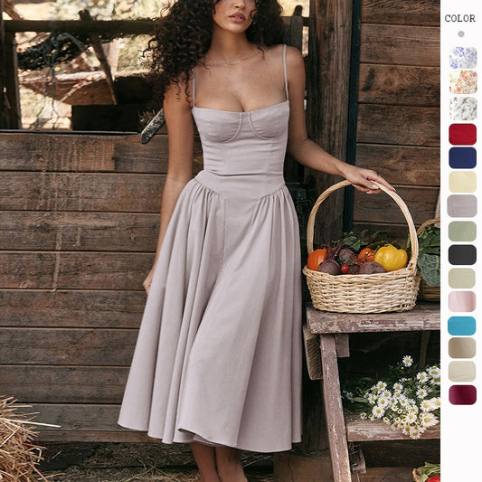 Women's summer amazon dress: french retro long dress, court style dopamine outfit, spaghetti strap dress for women