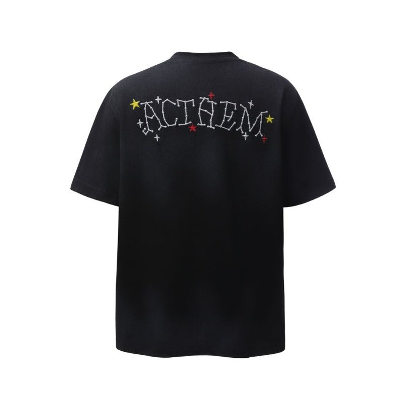 Men t shirts american retroheavy weight double yarn high quality high street washed distressed embroidermen's loose short-sleeved t-shirt