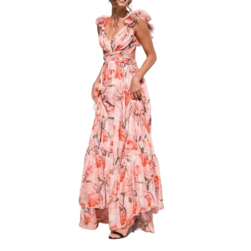Women's summer cross-border fashion printed back-tie maxi dress - elegant and flowy