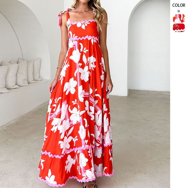 Women's dress - cross-border e-commerce, european & american style, floral print, wavy tie-up straps, a-line dress, elegant women's dress