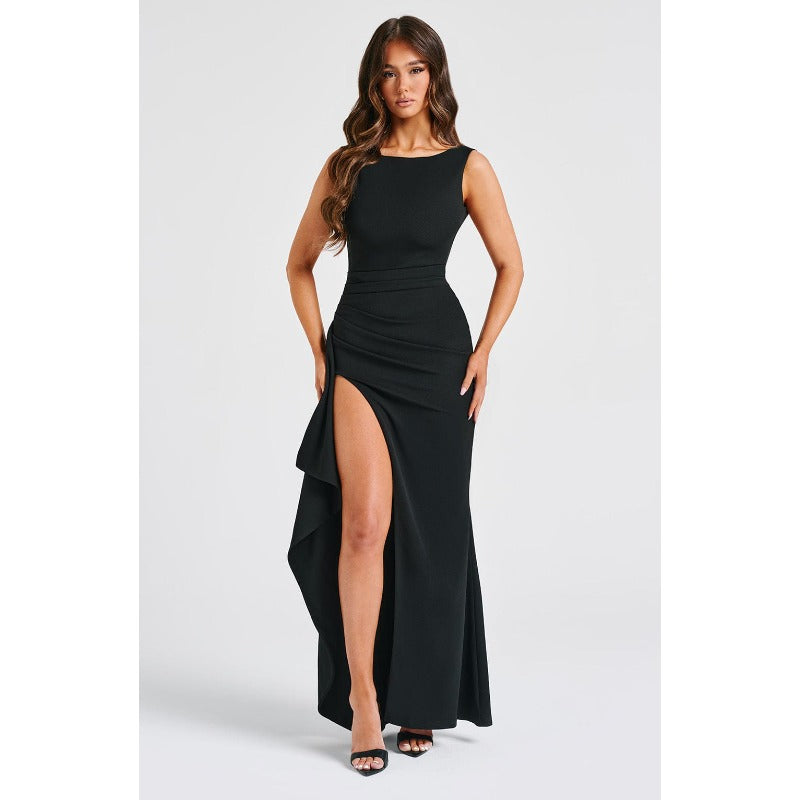 Women's dress - new summer collection: european & american style, solid color, round neck, high slit, sexy backless, slim fit maxi dress