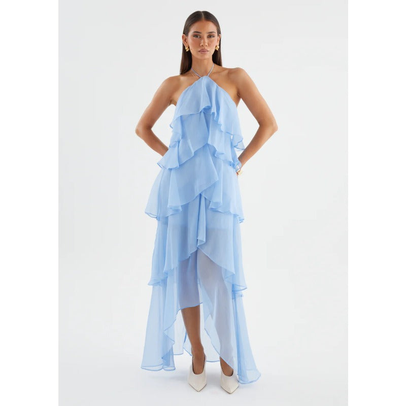 Women's french riviera style beach dress - summer sleeveless halter sundress with ruffle trim