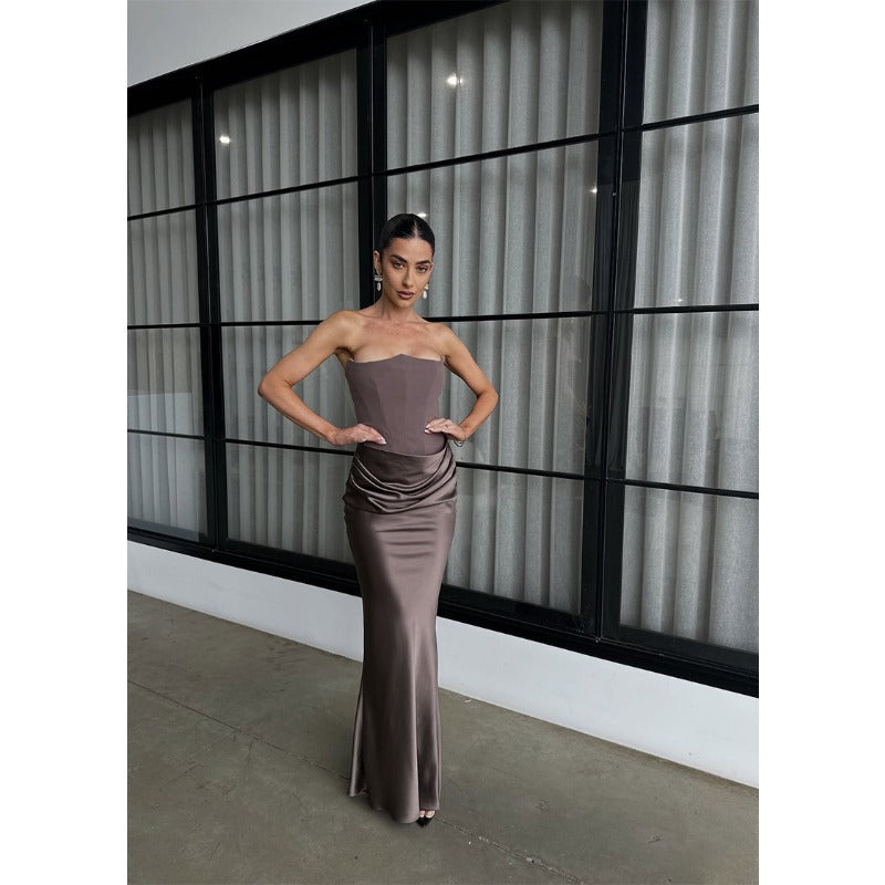 Women dress year cross-border red tube top fishbone sexy silm fishtail fishtail skirt longpure colordress women
