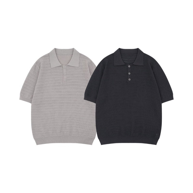 Men t shirts american summer street trendy old money style retropure color design loose men's lapel knitting shirt short sleeve t-shirt
